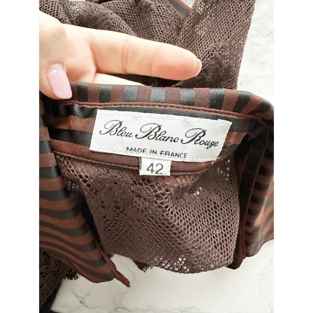 Bleu Blanc Rouge Set Brown Long Sleeve Lace Top Striped Brown Pants US Size 2 - Picture 9 of 12